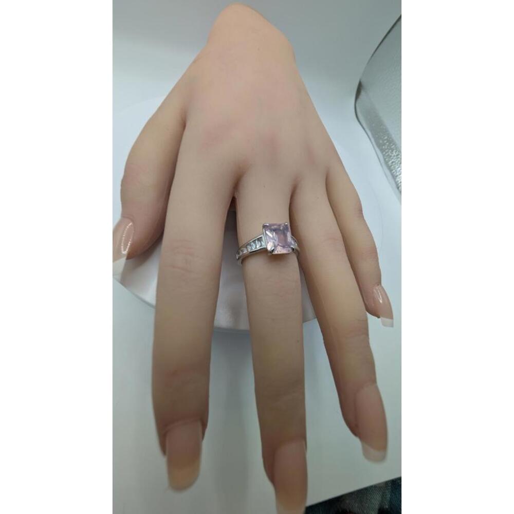 Silver Ring with Pink Square Gemstone and Clear Side Stones Size 6 - Picture 3 of 6